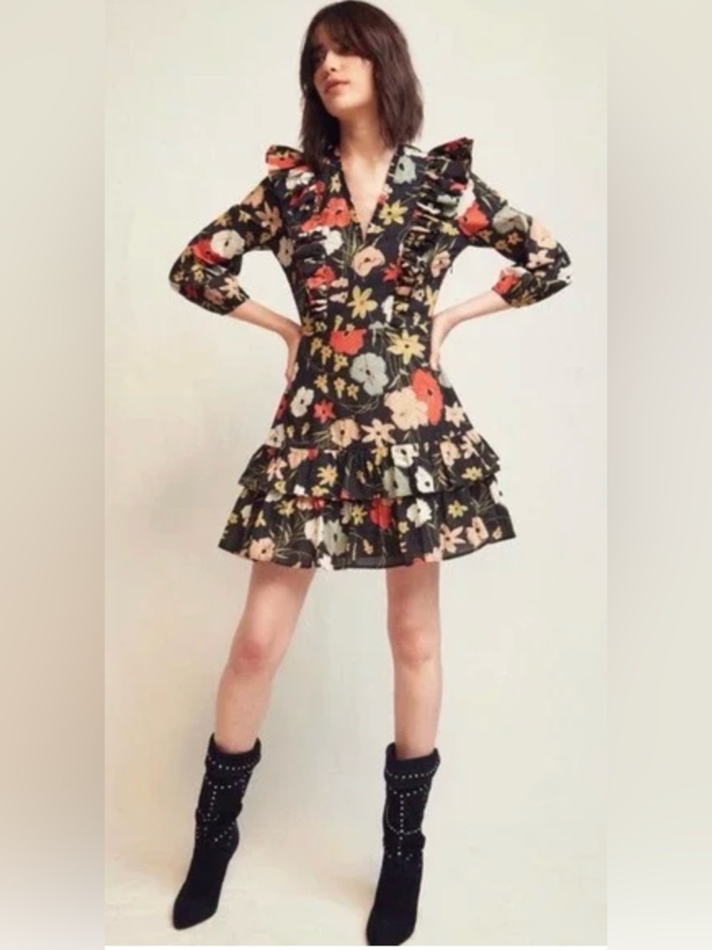 Warm Black Floral Ruffle Tiered Dress